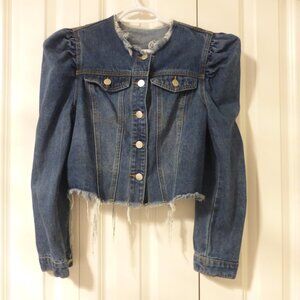 SHEIN medium wash puffy gigot sleeves denim jacket with frayed details